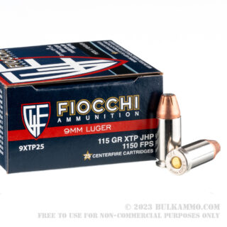 25 Rounds of 9mm Ammo by Fiocchi - 115gr JHP