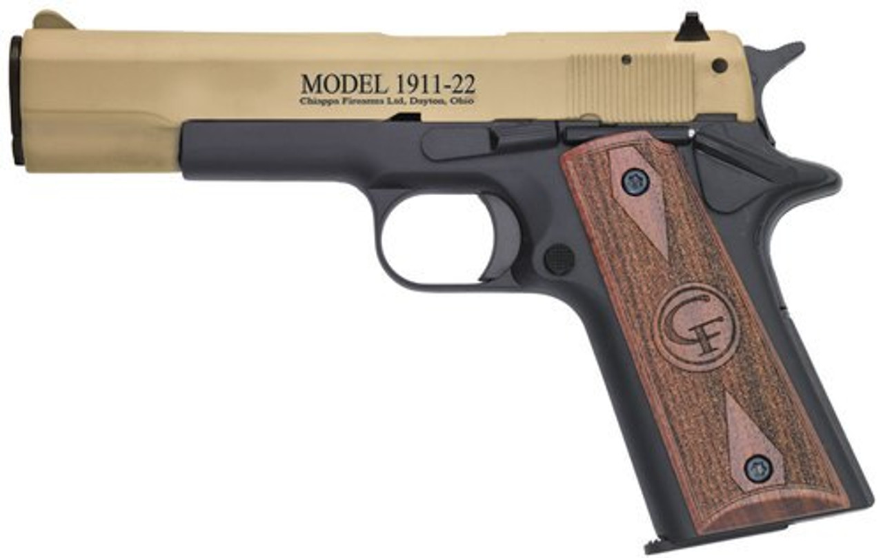 Chiappa Firearms 1911, 22LR, 5" Barrel, 10rd, Hogue Rubber Grip, Tan Slide