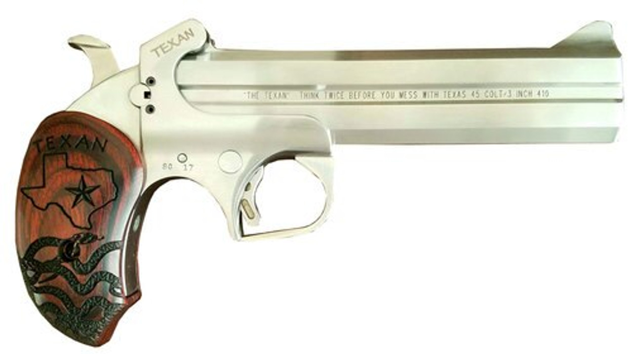 Bond Arms, The Texan, Derringer, 410 Ga 3"/45 Long Colt, 6" Barrel, Stainless Steel, With Trigger Guard, Fixed Sights, Rosewood Grips, 2Rd