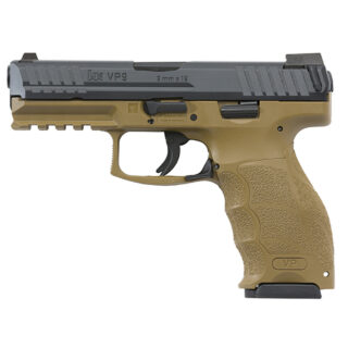 HK, VP9, 9mm, 4" Barrel, Black Slide, Flat Dark Earth Frame, Night Sights, 17 Rounds, 3 Mags