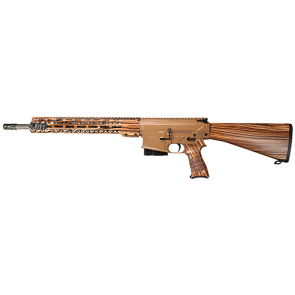 Windham 308WIN/762NATO, 18" Fluted Medium Profile Barrel, 1:10 Twist, A2 Flash Suppressor, Cerakote Finish, Brown Color, Fixed A2 Stock, STARK Pistol Grip, 15 M-Lok Handguard, Wood Grain Hydrodipped Pattern