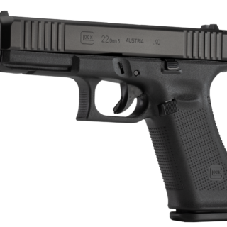 Glock 22 Gen5, Striker Fired, Full Size, 40S&W, 4.49" Marksman Barrel, Polymer Frame, Matte Finish, Fixed Sights, 15Rd, 3 Magazines, Ambidextrous Slide Stop Lever, Flared Mag Well, nDLC Finished Slide and Barrel, No Finger Grooves