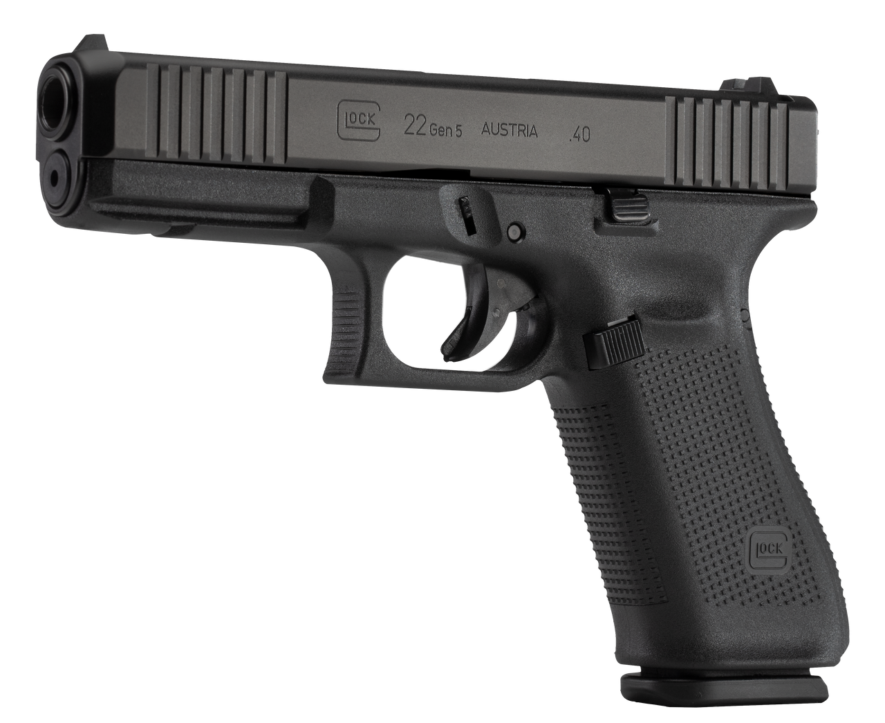 Glock 22 Gen5, Striker Fired, Full Size, 40S&W, 4.49" Marksman Barrel, Polymer Frame, Matte Finish, Fixed Sights, 15Rd, 3 Magazines, Ambidextrous Slide Stop Lever, Flared Mag Well, nDLC Finished Slide and Barrel, No Finger Grooves