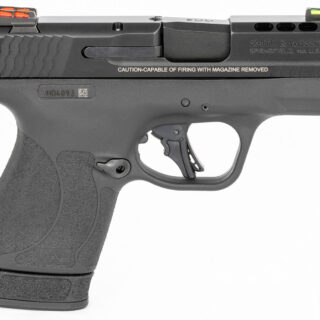 Smith & Wesson, Shield Plus, Performance Center, Striker Fired, Micro Compact, 9mm, 3.1" Ported Barrel, Polymer Frame, Thumb Safety, Fiber Optic, Flat Face Trigger, 2 Mags, 1-10Rd 1-13Rd, Black