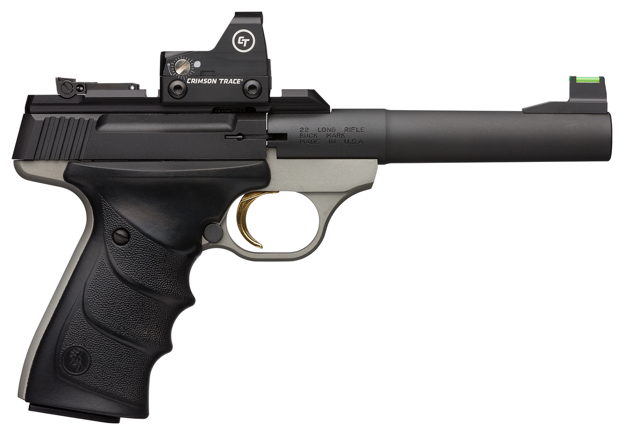 Browning, Buck Mark Plus Practical, 22 LR, 5.5" Barrel, Blued, Matte Gray Finish, URX Grip, Adjustable Rear Sight & Fiber Optic Front Sight, 10Rd, 2 Mags, Crimson Trace Sight