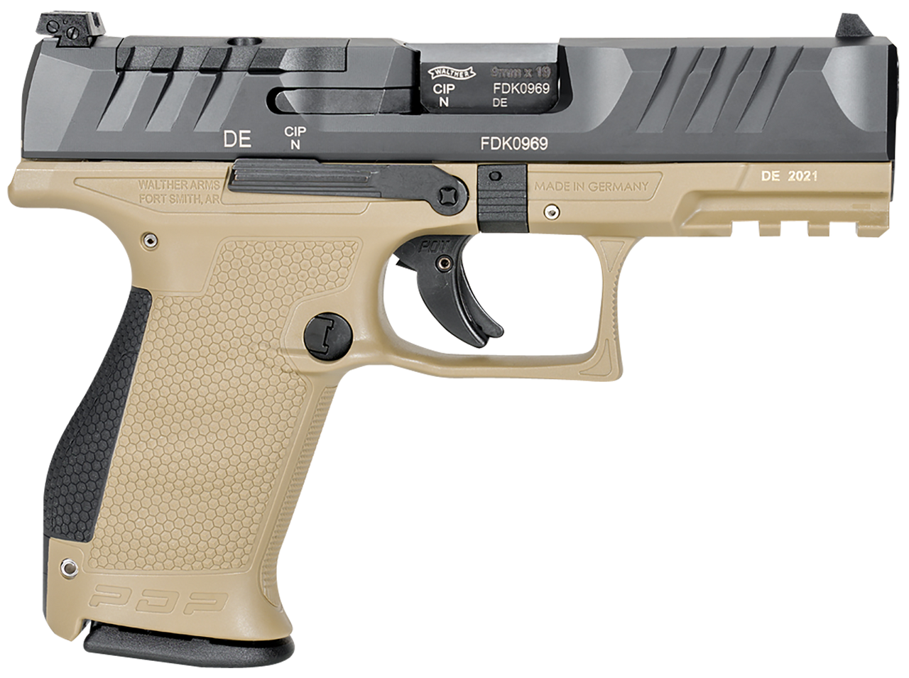 Walther PDP 9mm, 4" Barrel, Black Slide/Tan Frame, Adjustable Rear Sight, Optics Ready, 15rd