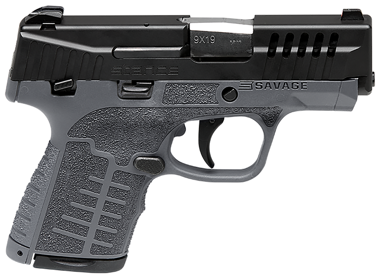 Savage Stance 9mm, 3.2" Barrel Gray, MS, Black Stainless Steel Ported Slide Gray Interchangeable Backstrap Grip Tritium Night Sights, 10rd