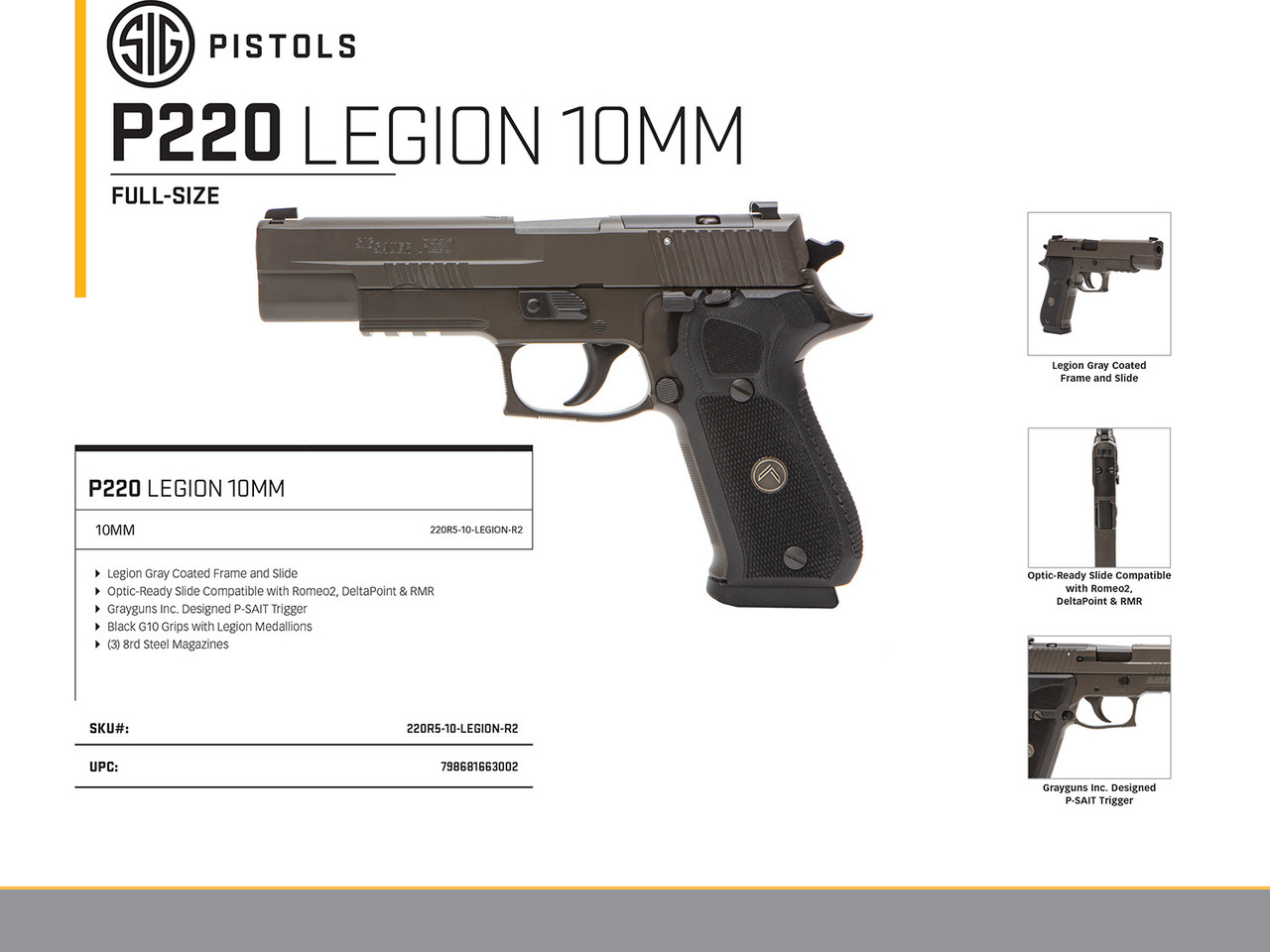 Sig P220 Legion DA/SA 10mm, 5" Barrel, G10 Grips, XRAY3 Sights, Optic Ready, 8rd - Image 2