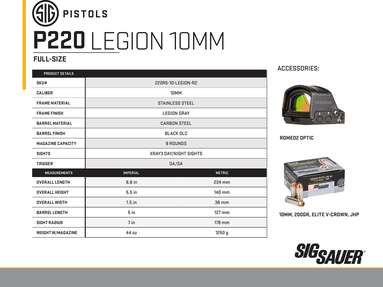 Sig P220 Legion DA/SA 10mm, 5" Barrel, G10 Grips, XRAY3 Sights, Optic Ready, 8rd - Image 3