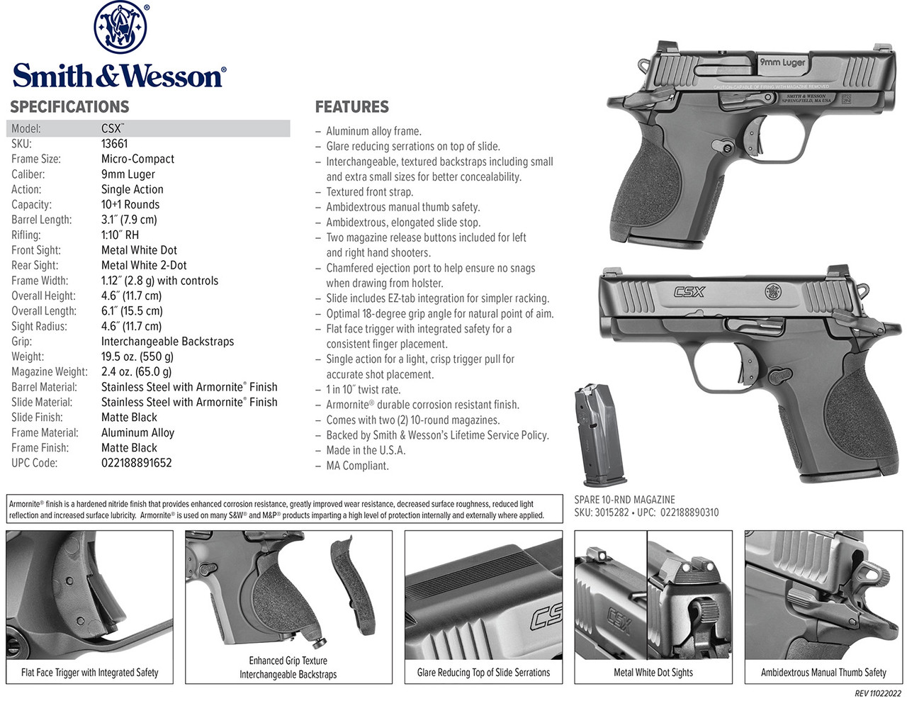 Smith & Wesson CSX 9mm, 3.1" Barrel, Black, 3 Dot Sights, Interchangeable Backstrap, 10rd - Image 5
