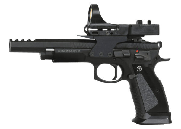 CZ 75 TS Czechmate, SAO, Full Size, 9mm, 5.23" Cold Hammer Forged Barrel,, Black, Thin Aluminum Grips, Fixed Sights, Ambidextrous Safety, (3)-20rd Magazines and (1)-26rd Magazine, C-More 6 MOA Dot
