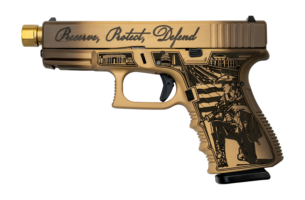Glock 19 Gen3 ''Constitution'' USA 9mm, 4.07" Barrel, Fixed Sights, Laser Engraved, Tan/Brown, 15rd