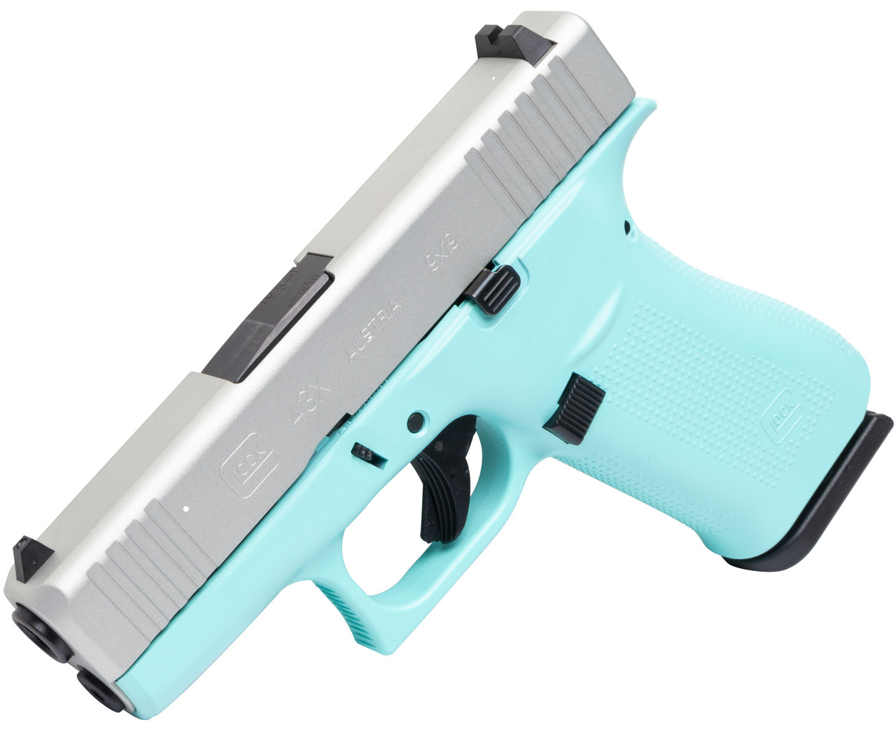 Glock G43x 9mm, 3.4'' Barrel, Robin's Egg Blue Frame, Aluminum Finish Slide, 10rd - Image 2