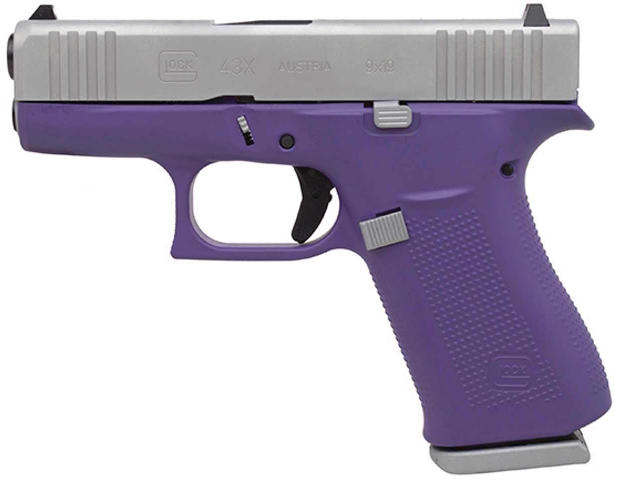 Glock 43X Subcompact 9mm, 3.41" Barrel, Silver/Bright Purple, Fixed Sights, 2x10rd Mags